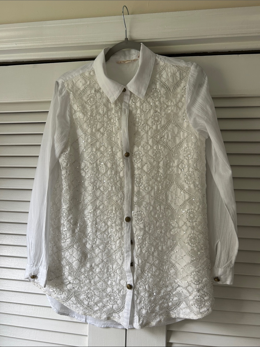 Soft Surroundings White Lace-Front Button-Down Shirt